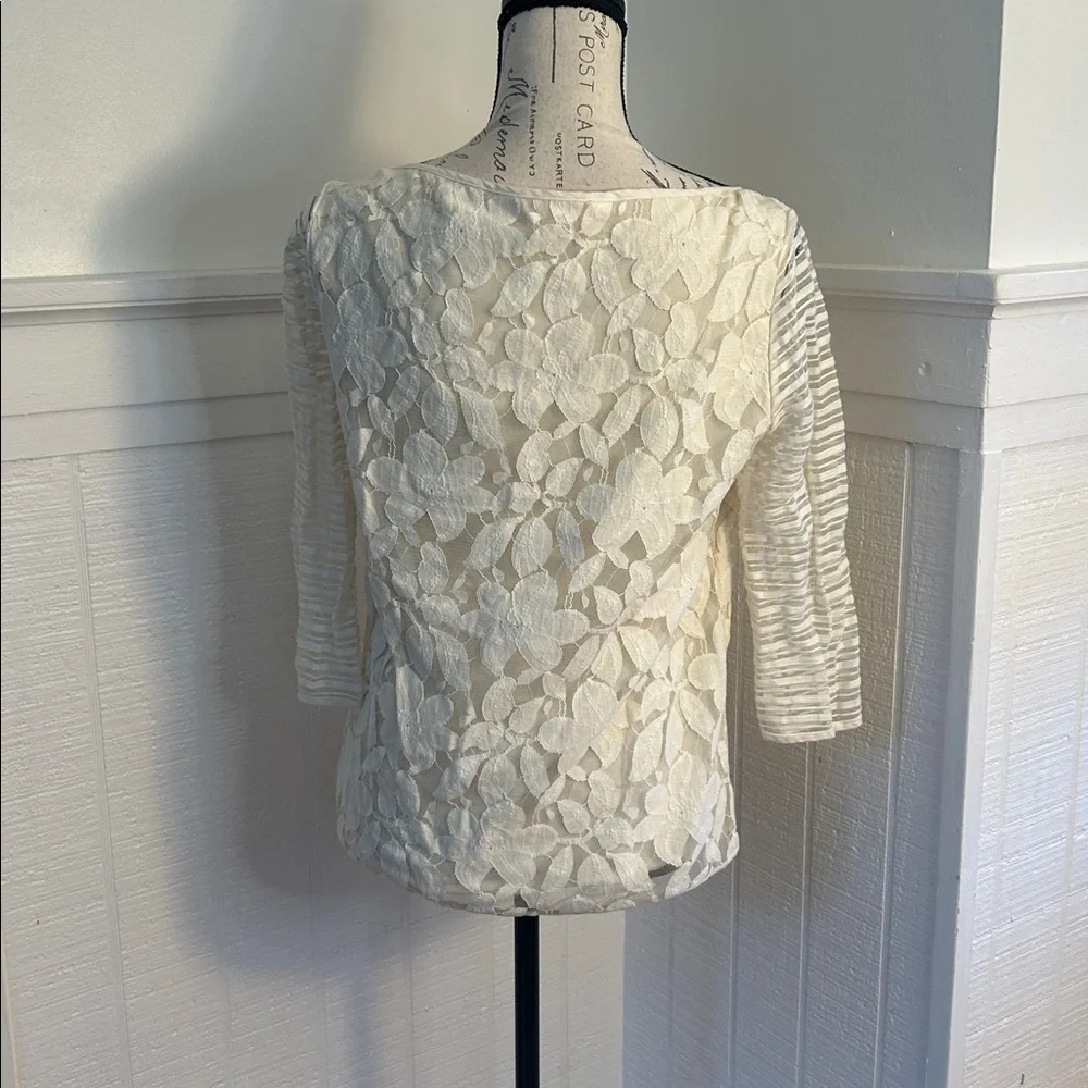 Tory Burch Cream Coquette Lace Detail 3/4 Sleeve Blouse size Women’s Small